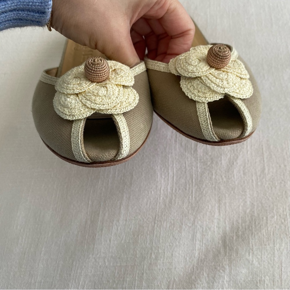CHANEL Beige Camellia Mules with Gold Trim - Picture 8 of 15